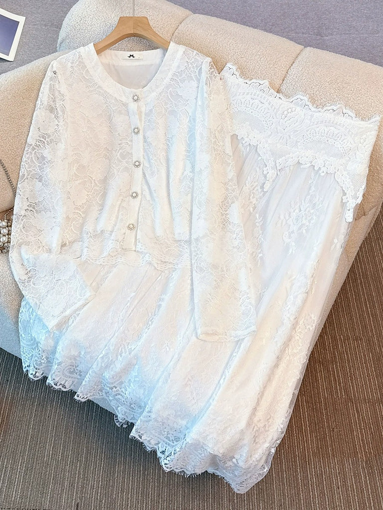 Plus Size Chanelesque White Lace Long Sleeve Blouse & Skirt Set (EXTRA BIG SIZE)