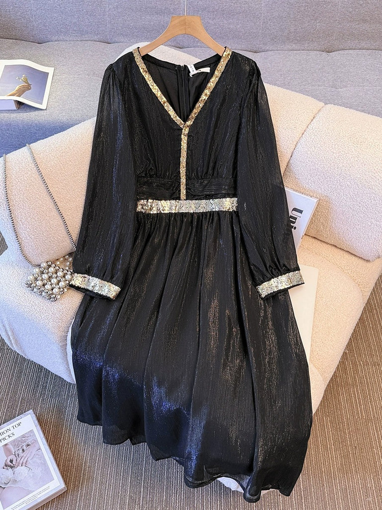 Plus Size Black Shimmer V-Neck Long Sleeve Formal Dress (EXTRA BIG SIZE)