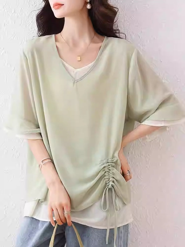 Plus Size Soft Breeze Drawstring Tunic Blouse
