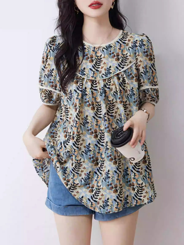 Plus Size Meadow Leaf Babydoll Blouse