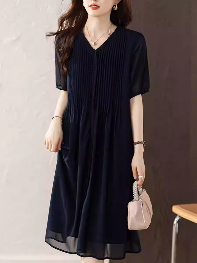 Plus Size Navy Pleated Chiffon V-Neck Dress