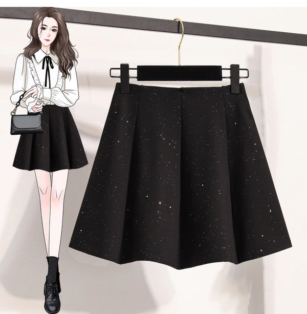 Plus Size Autumn/Winter Sparkle Black Pleated Mini Skirt