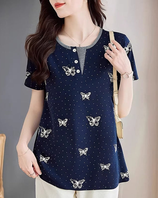 Plus Size Butterfly Print Short Sleeve Henley Neck Tee