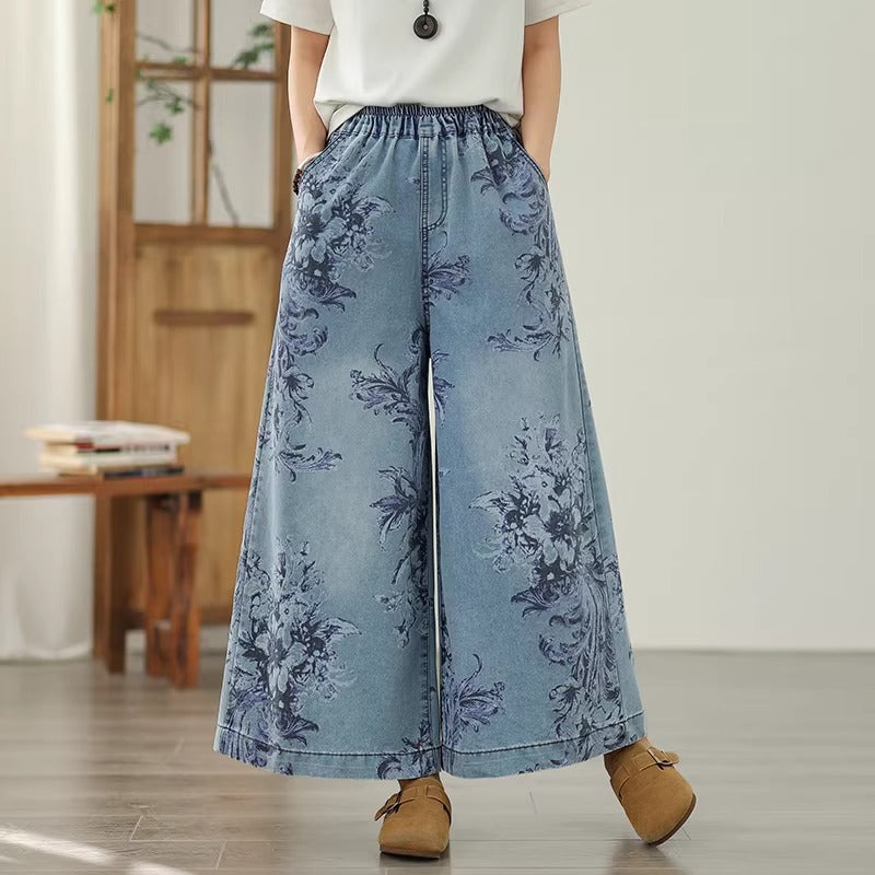 Plus Size Oriental Floral Print Wide Leg Denim Pants
