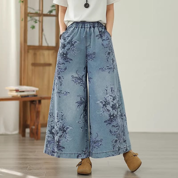 Plus Size Oriental Floral Print Wide Leg Denim Pants