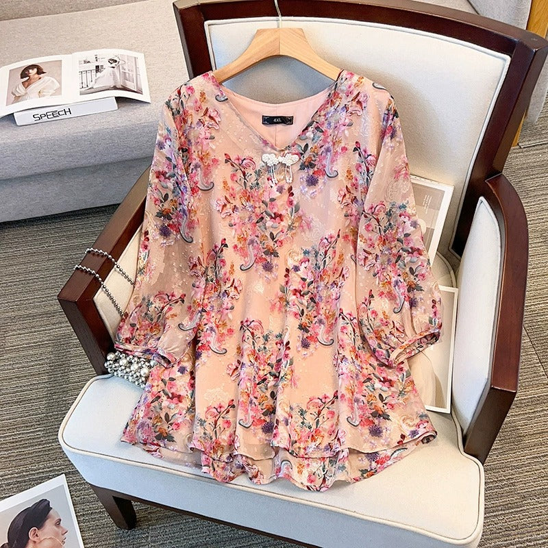 Plus Size Pink Floral Qipao ¾ Sleeve Blouse (EXTRA BIG SIZE)