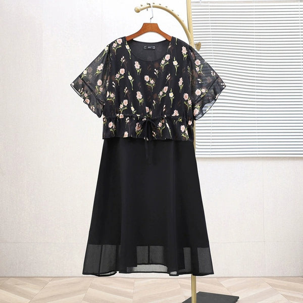 Plus Size Black 2-in-1 Floral Chiffon Midi Dress (EXTRA BIG SIZE)