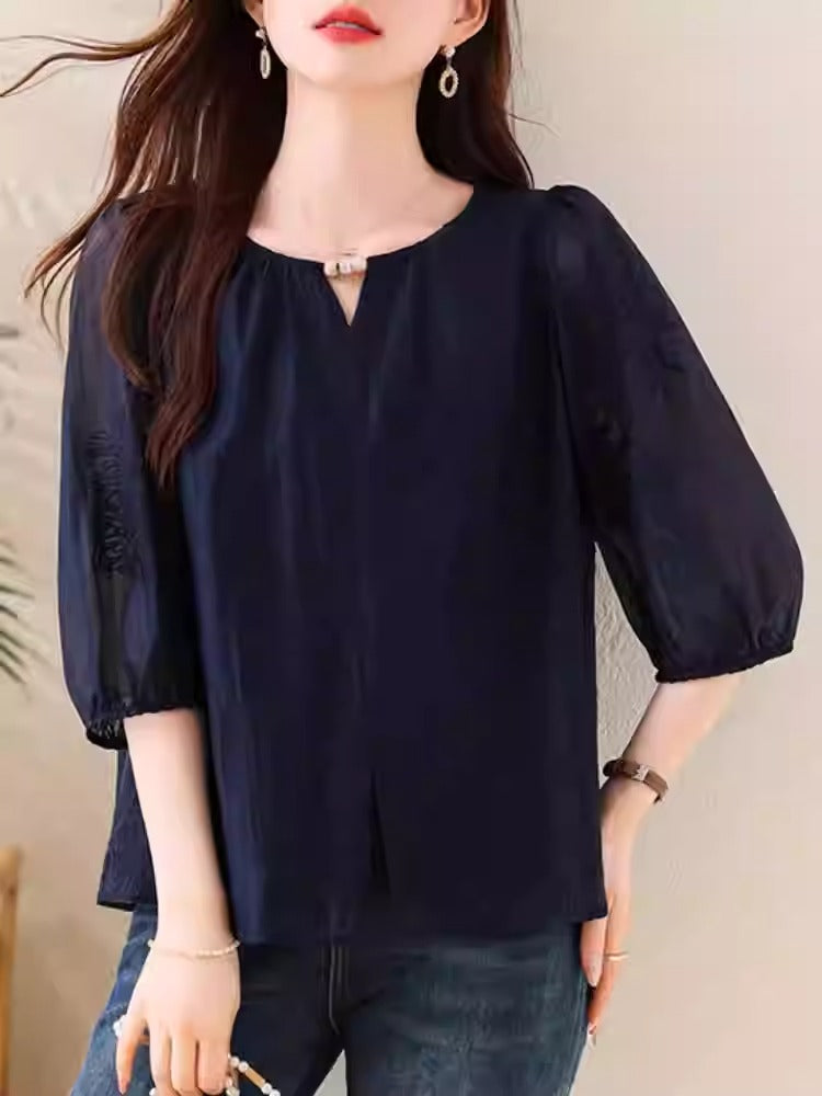 Plus Size Navy Textured Chiffon Blouse