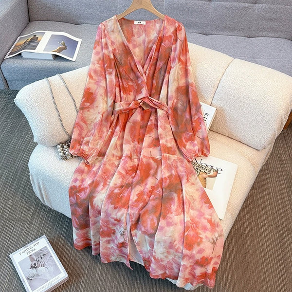 Plus Size Tie Dye Rose Chiffon Midi Dress (EXTRA BIG SIZE)