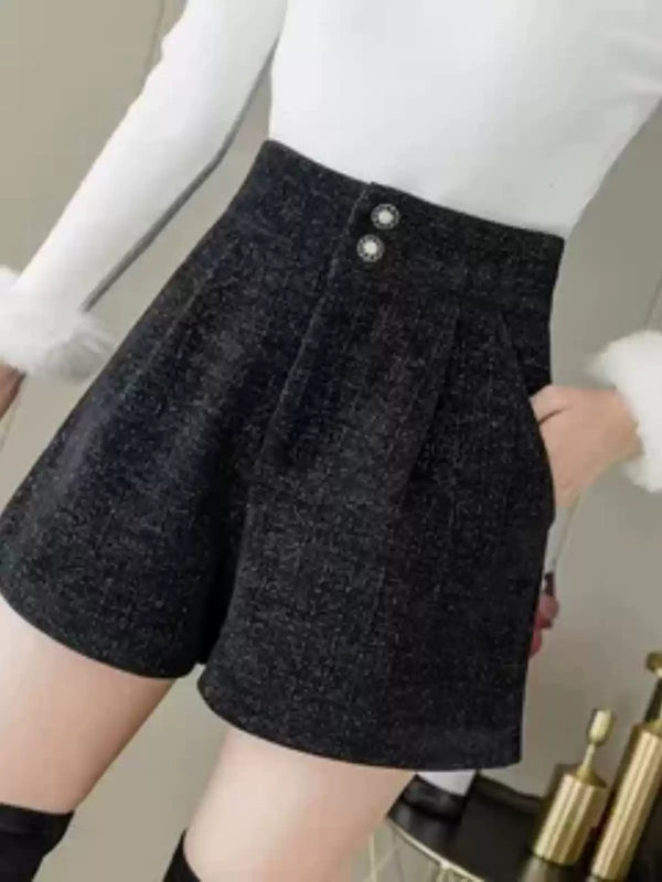 Plus Size Black Highwaist Tweed Shorts