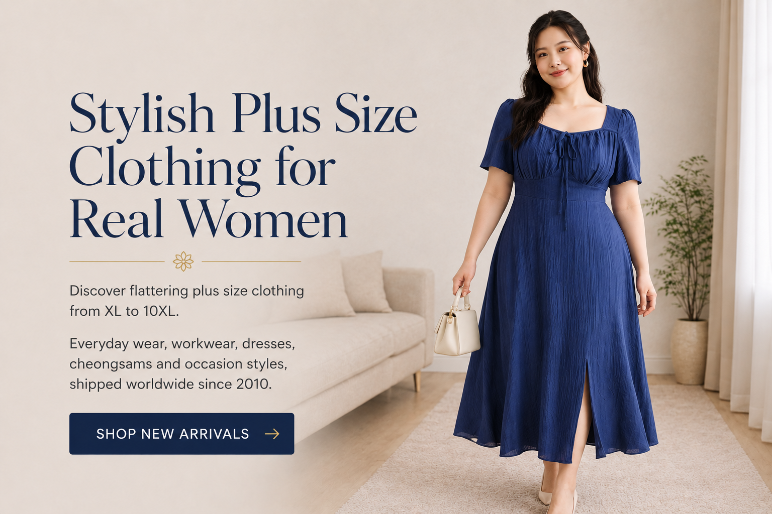 Plus size woman wearing a navy blue midi dress from PlusPreorder's XL–10XL clothing collection.