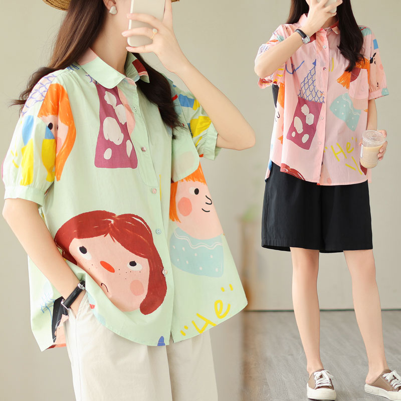 Plus Size Retro Cute Girl Print Shirt Blouse