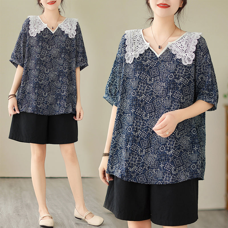 Plus Size Lace Collar Navy Pattern Shirt Blouse