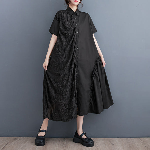 Plus Size Black Textured Button Down Midi Shirt Dress