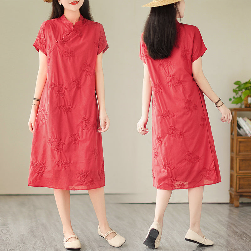 Plus Size Red Casual Cheongsam Midi Dress