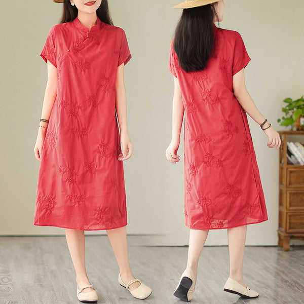 Plus Size Red Casual Cheongsam Midi Dress