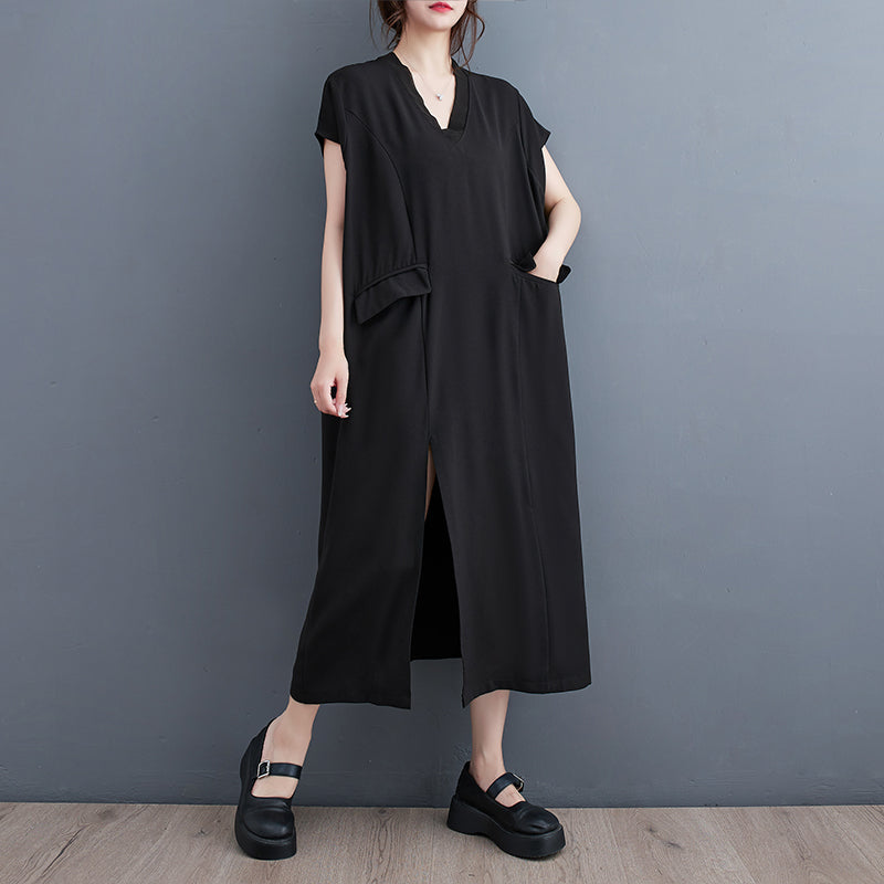 Plus Size Black V Neck Slit Midi Dress