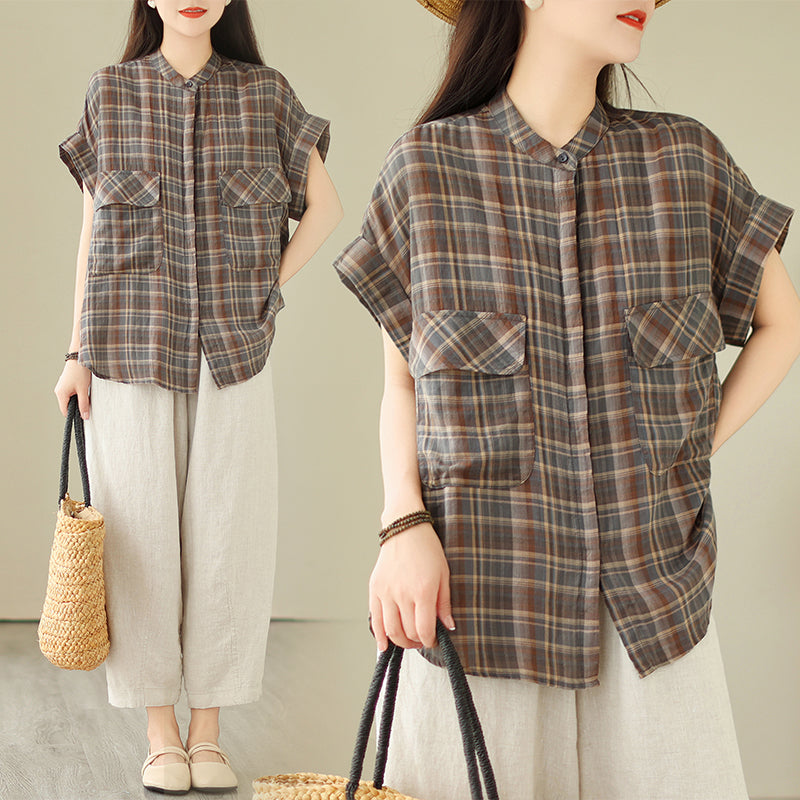 Plus Size Rustic Checks Button Shirt Blouse