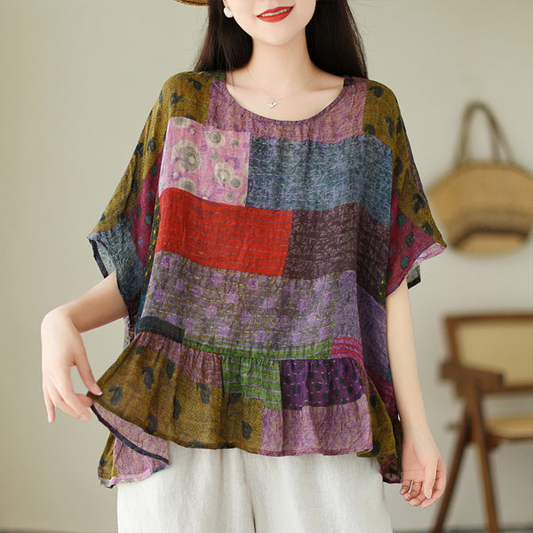 Plus Size Patchwork Babydoll Blouse