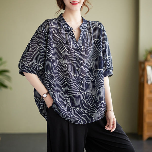 Plus Size Navy Blue Pattern Notch Neck Blouse