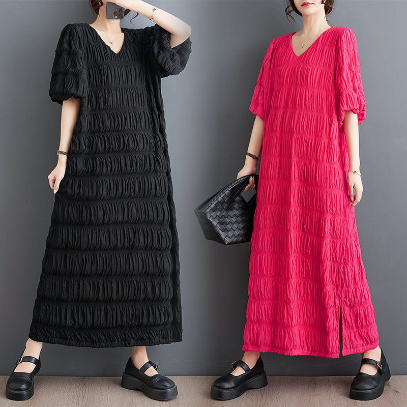 Plus Size Textured V Neck Midi Dress