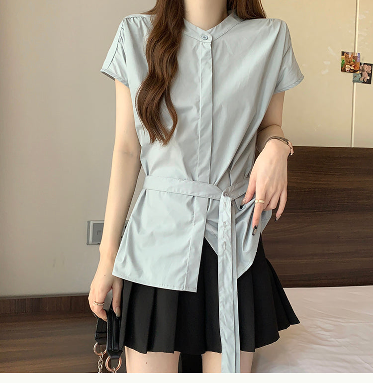 Plus Size Office Shirt Blouse with Waist Tie
