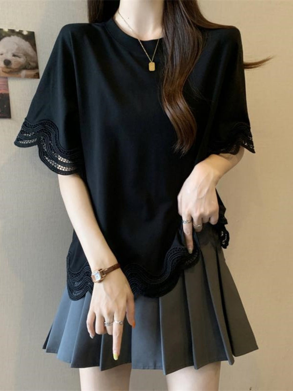 Plus Size Korean Scallop Lace Short Sleeve Tee