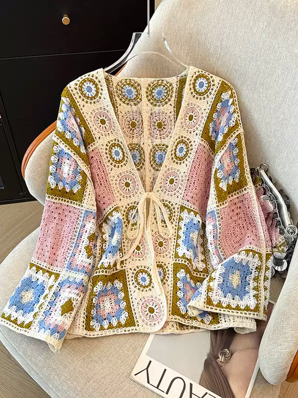Plus Size Colourful Crochet Open Jacket