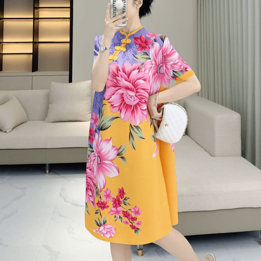 Short-Sleeve Plaid Maxi Qipao main image 0