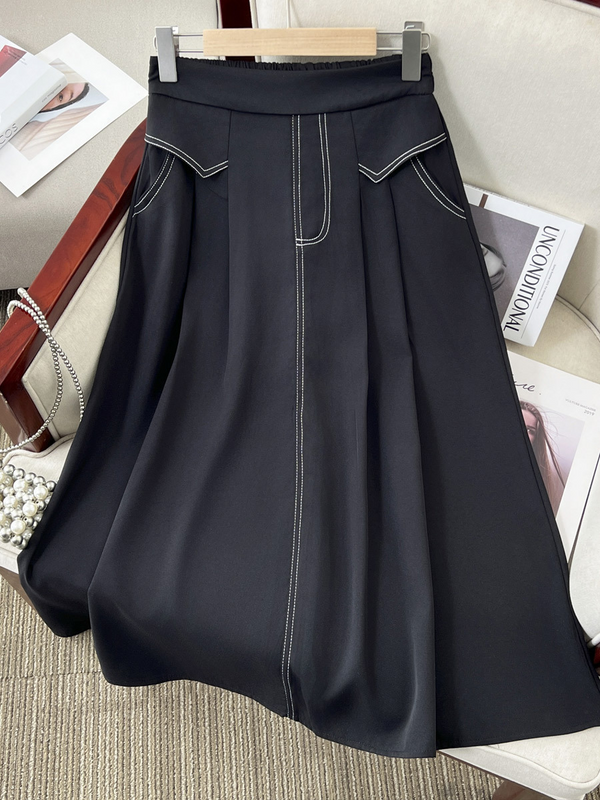 Plus Size Contrast Stitch Black A Line Midi Skirt (EXTRA BIG)