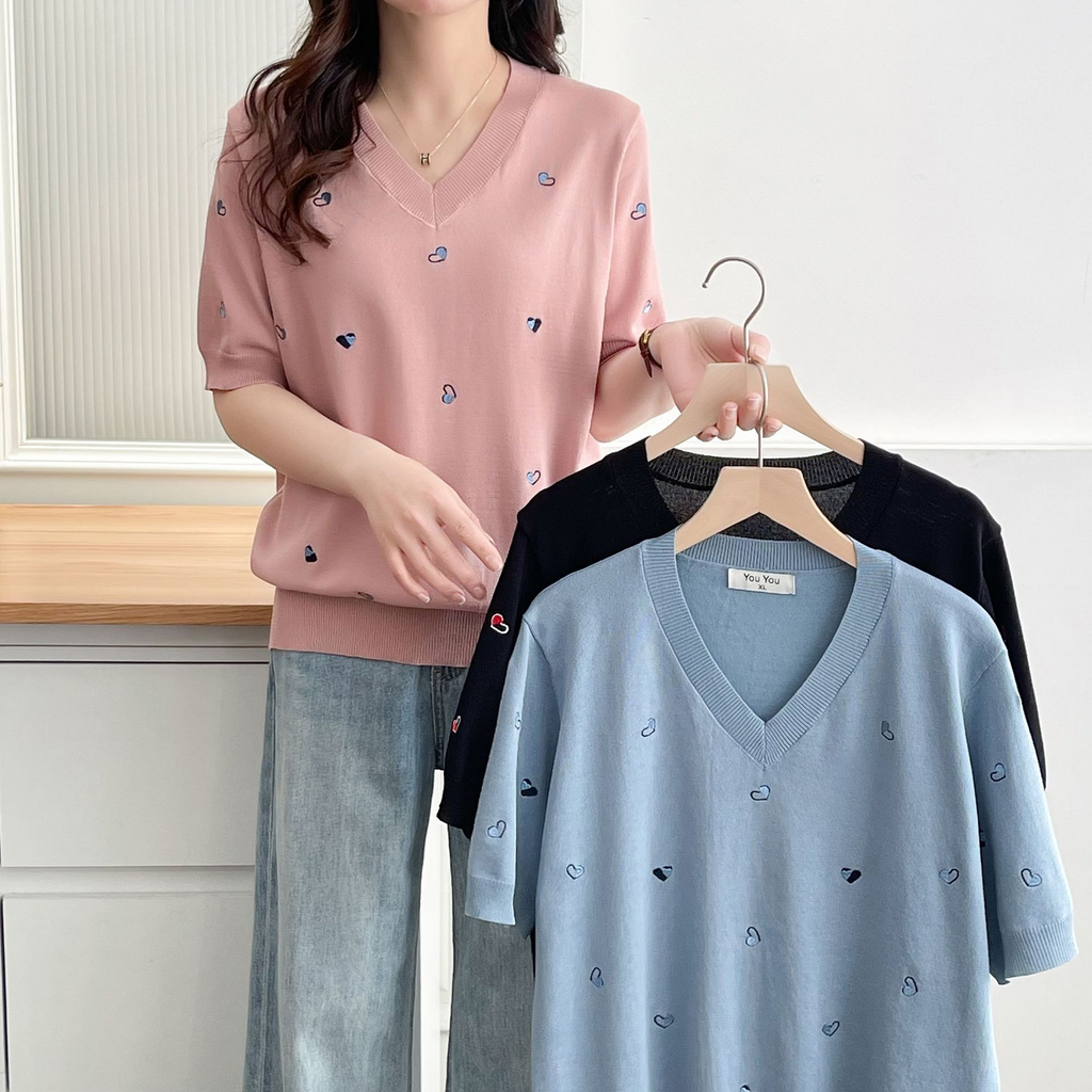 Plus Size Cooling Hearts V Neck Short Sleeve Sweater