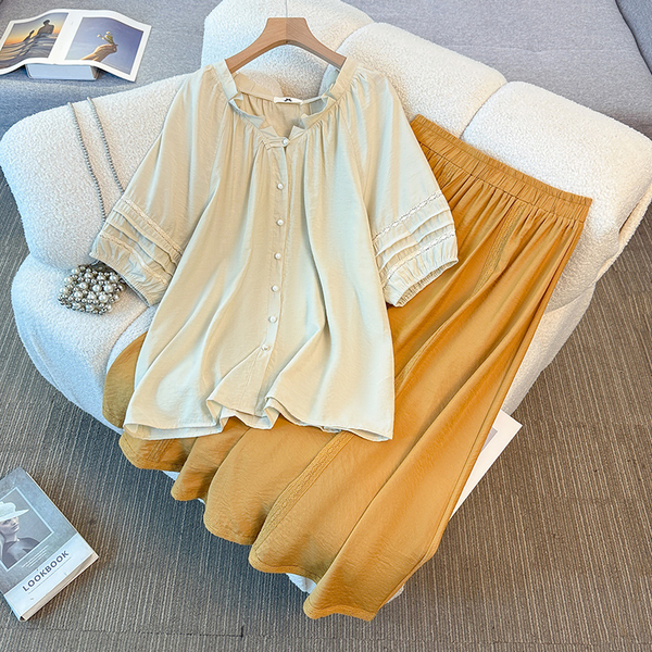 Plus Size Cottage Set - Billow Blouse And Rust Orange Skirt Set (EXTRA BIG SIZE)