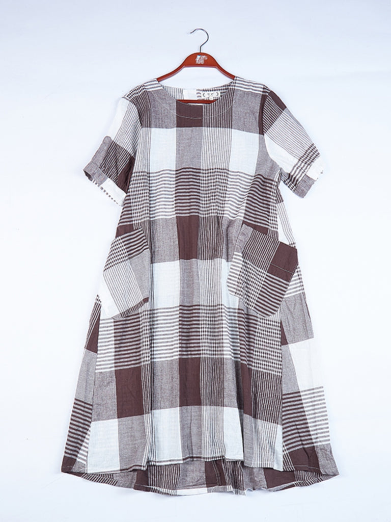 Plus Size Checks Cotton Linen A Line Dress – Pluspreorder