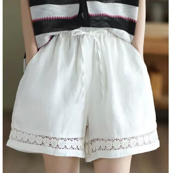 Plus Size Cotton Linen Lace Waist Tie Shorts