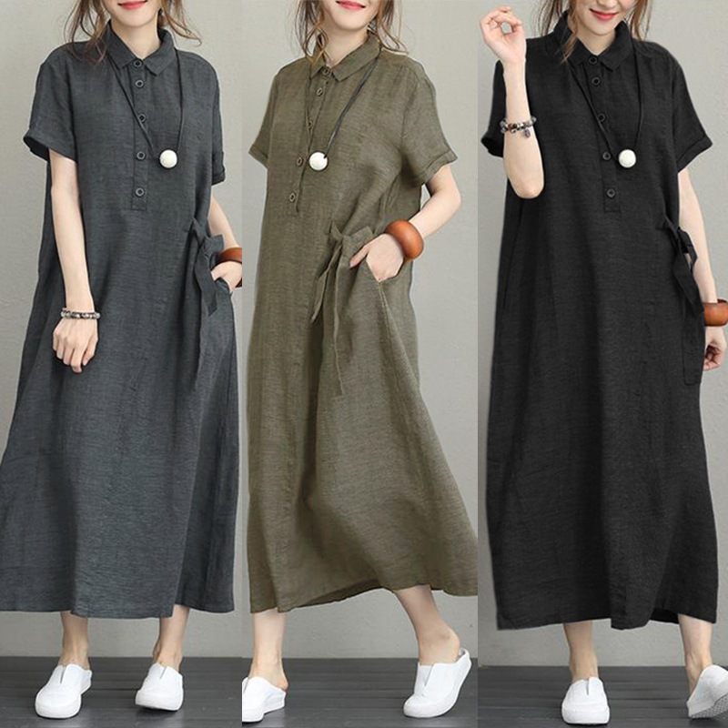 Plus Size Cotton Linen Polo T Shirt Dress