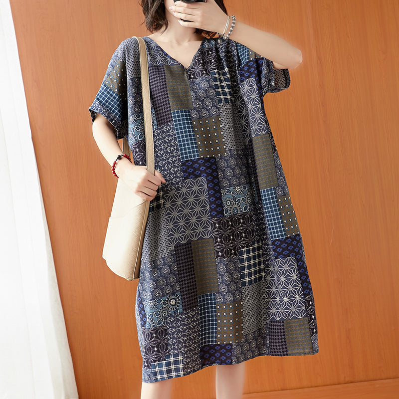 Plus Size Cotton Linen V Neck Shift Dress