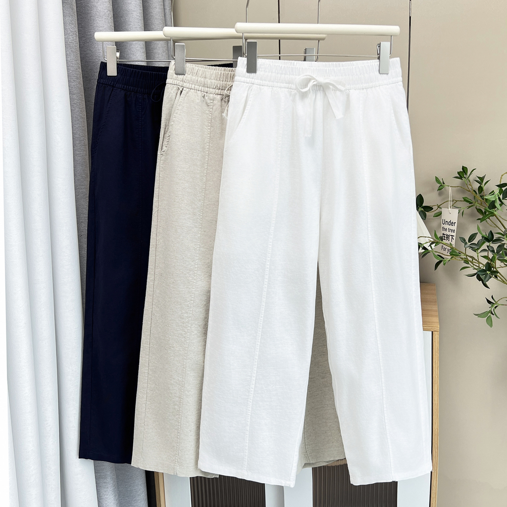 Plus Size Cotton Linen Waistband Mid Calf Pants