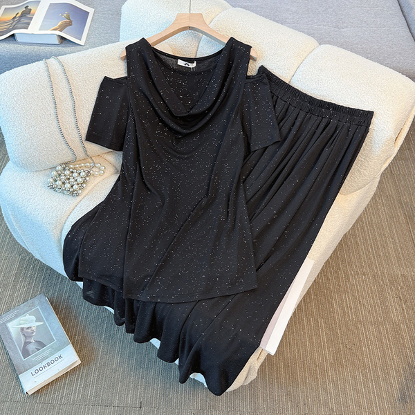Plus Size Cowl Neck Cold Shoulder Tee And Midi Skirt Set (EXTRA BIG SIZE)