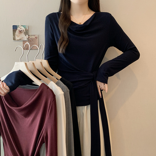 Plus Size Cowl Neck Waist Tie Long Sleeve T Shirt