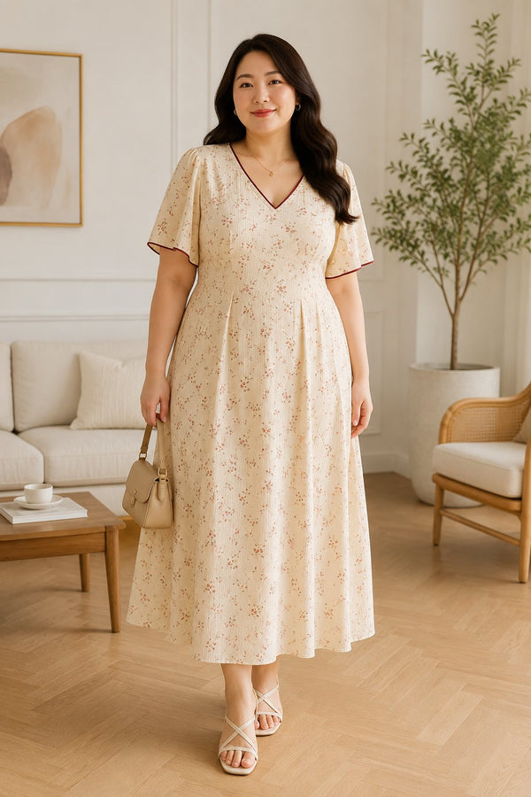Plus size cream ditsy floral V-neck high waist midi dress on model