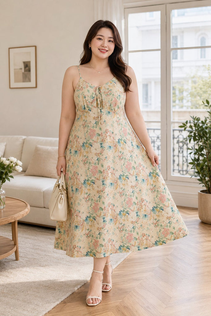 Plus size cream floral camisole midi dress on model
