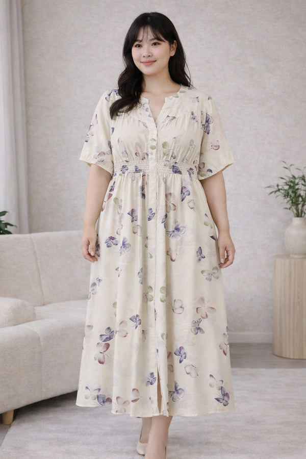 Plus Size Floral Gathered Waist Midi Dress Front 
