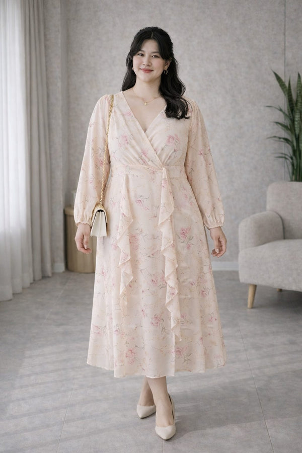 plus size cream floral chiffon midi dress wrap neckline front view