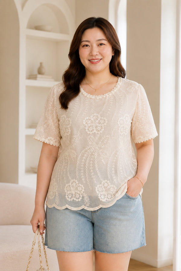 Plus size cream lace embroidery scallop short sleeve blouse front view