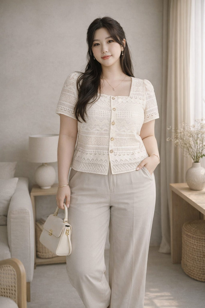 plus size cream lace blouse square neck gold buttons front view
