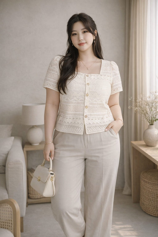 plus size cream lace blouse square neck gold buttons front view