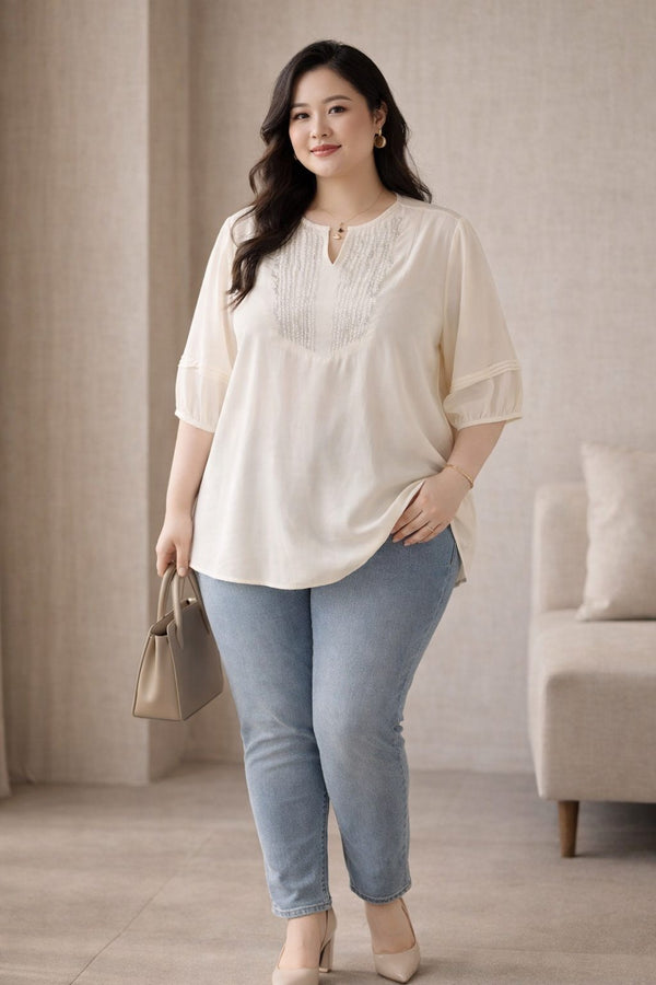 plus size cream notch neck tunic blouse front view