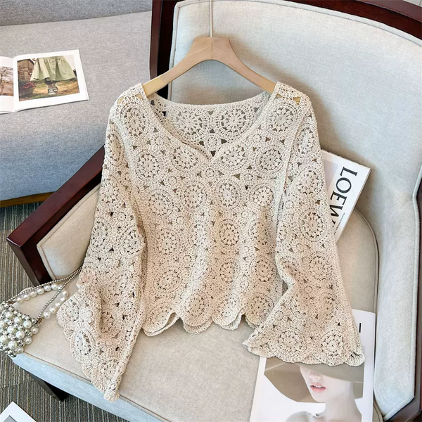 Plus Size Crochet Lace Cover Bell Sleeve Blouse