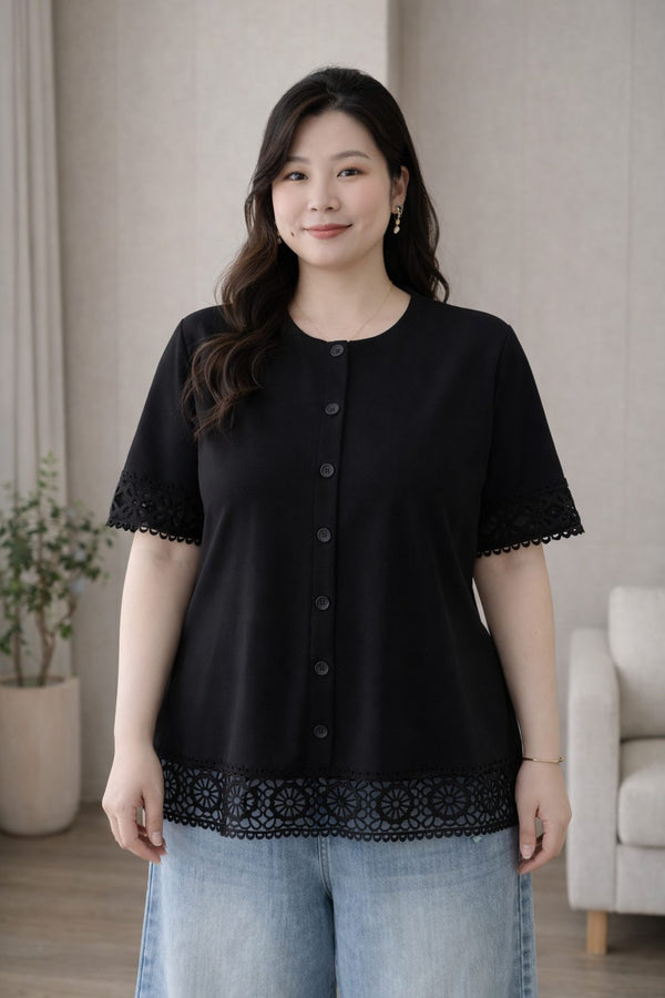 plus size black blouse lace hem casual outfit front view