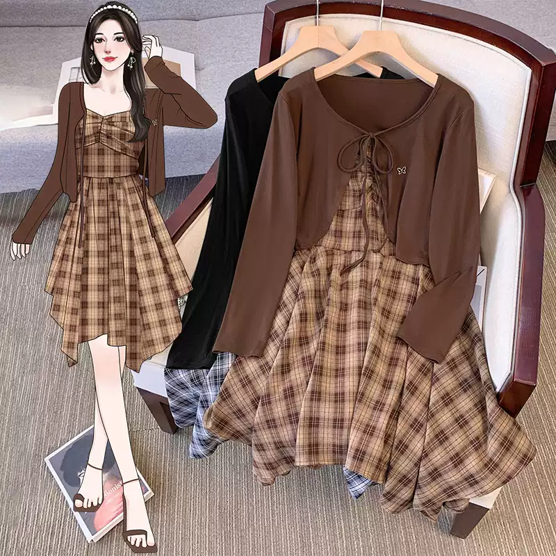 Plus Size Cropped Cardigan And Plaid Dress Set